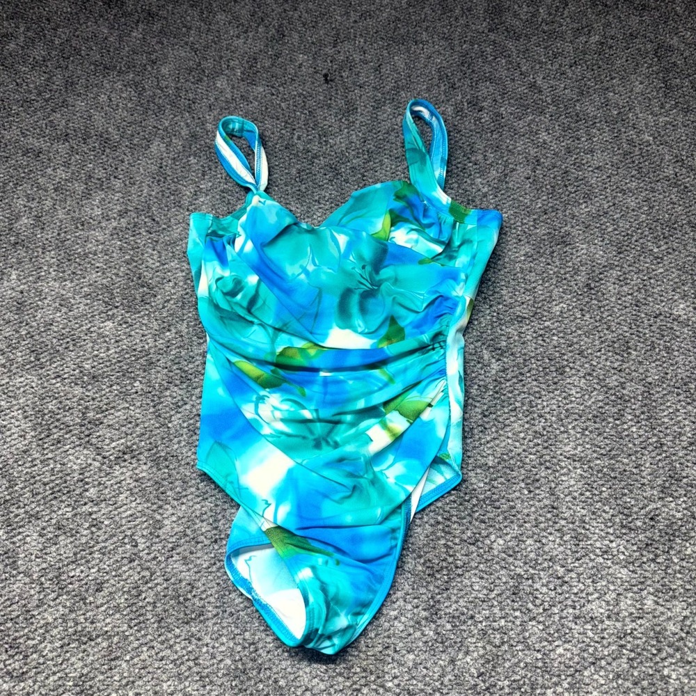 Miraclesuit Vintage One Piece Swimsuit Womens 12 Blue Green Ruched Underwire